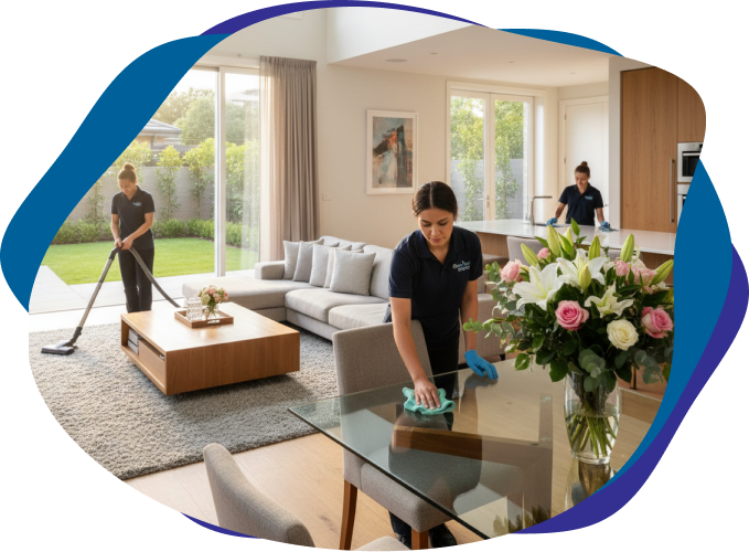 Professional maid showing cleaning techniques